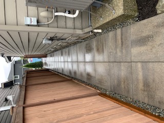 Side-yard walkway — second angle, concrete pavers with gravel borders