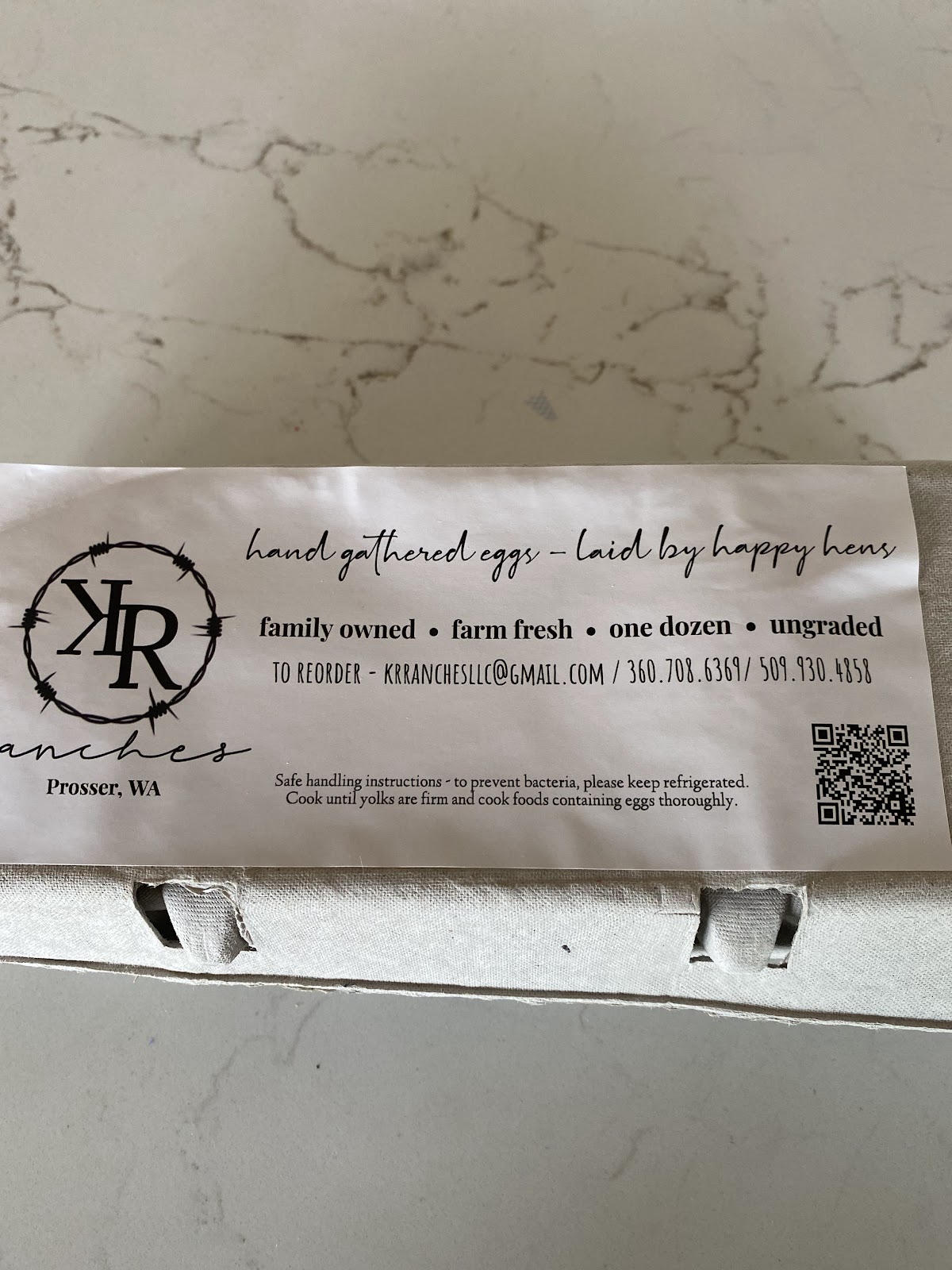 KR Ranches branded egg carton label, family owned, farm fresh